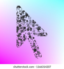Cursor-arrow icon. Vector. Gray icon with bubbled texture at color background with pink and sky blue corners.