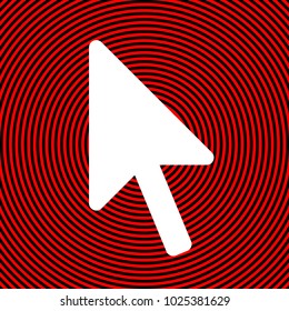 Cursor-arrow icon. Vector. White icon on red and black radial pattern as background. Isolated.