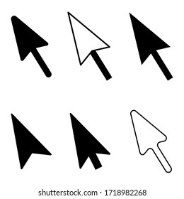 Cursors in the form of arrows of different types. Black and white arrows of a unique shape. Vector illustration. Stock Photo.