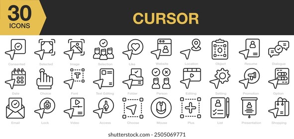 cursors icon sets. Includes like, mouse, option, object, folder, selected, and More. Outline icons vector collection.