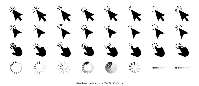 Cursors icons click set. Computer mouse click cursor arrow icons set and loading icons. 