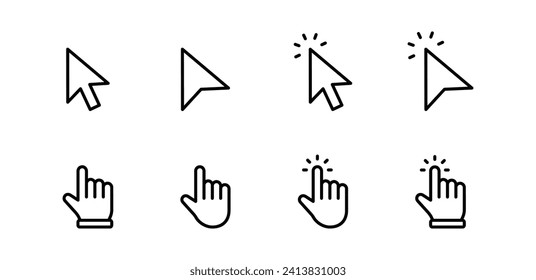 Cursors icons click set. Cursors icon click, Clicking cursor, pointing hand click icon vector illustration