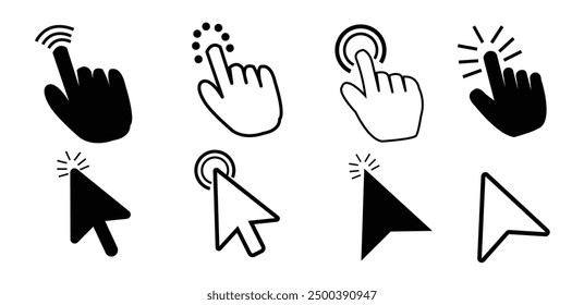 Cursors-Symbole klicken auf Set. Cursors-Symbol klicken, Cursor anklicken, Zeiger Hand klicken, Vektorgrafik