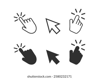 Cursors icons click set. Cursors icon click, Clicking cursor, pointing hand click icon vector illustration.