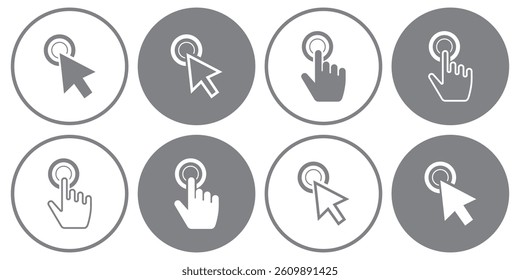 Cursors icons click set. Cursors icon click, Clicking cursor, pointing hand and arrow click icon vector illustration.