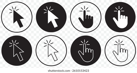 Cursors icons click set. Cursors icon click, Clicking cursor, pointing hand click icon vector illustration black Set. Computer mouse click cursor icon set. Cursor icon on Transparent Background. EPS10