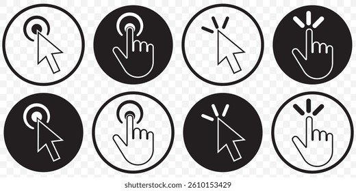 Cursors icons click set. Cursors icon click, Clicking cursor, pointing hand click icon vector illustration black Set. Computer mouse click cursor icon set. Cursor icon on Transparent Background. EPS10