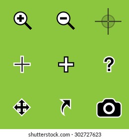 Cursors icons set magnifier, camera. Vector Illustration