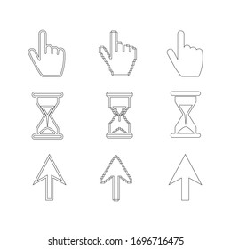 Cursors icons , sig, symbol , pictogram set Pixel cursors ,mouse hand arrow hourglass isolated on a white background in outline or thin line style