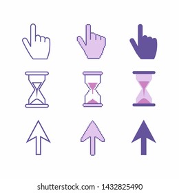 Cursors icons ,sig,symbol ,pictogram set in a purple tones Pixel cursors ,mouse hand arrow hourglass isolated on a white background in flat style