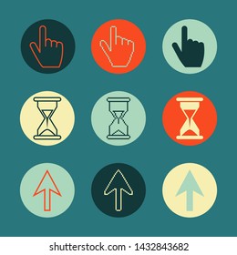 Cursors icons ,sig,symbol ,pictogram set Pixel cursors ,mouse hand arrow hourglass isolated on a dark blue background in outline or thin line style
