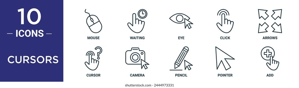 cursors outline icon set includes thin line mouse, waiting, eye, click, arrows, cursor, camera icons for report, presentation, diagram, web design