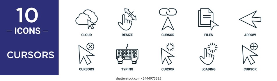 cursors outline icon set includes thin line cloud, resize, cursor, files, arrow, cursors, typing icons for report, presentation, diagram, web design