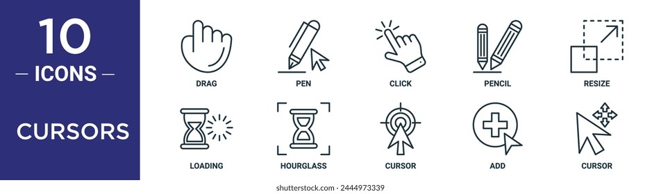 cursors outline icon set includes thin line drag, pen, click, pencil, resize, loading, hourglass icons for report, presentation, diagram, web design