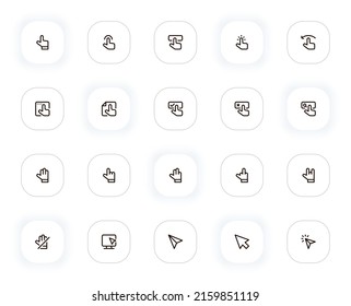 Cursores y seleccione los iconos de la línea de manos. Puntero del ratón del equipo, flechas, clic, confirmar, cancelar. Pictogramas de contorno vectorial para web y ui, ux diseño de aplicaciones móviles. Stroke editable. 24x24 Pixel Perfecto.