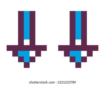 Cursors showing direction, isolated pixelated arrows pointing down. Pointer icons for playing interface, old school 8 bit retro design. Pixel art for games, vector in flat style illustration