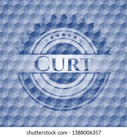 Curt blue badge with geometric pattern background. Vector Illustration. Detailed.