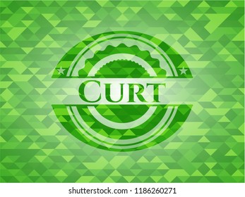 Curt green emblem. Mosaic background