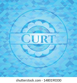 Curt light blue emblem with triangle mosaic background