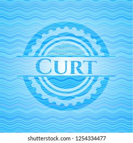 Curt light blue water wave badge background.