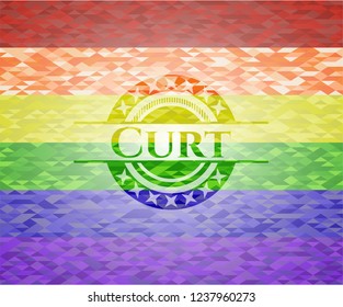 Curt on mosaic background with the colors of the LGBT flag