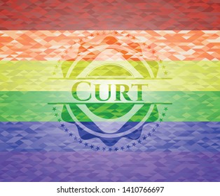 Curt on mosaic background with the colors of the LGBT flag