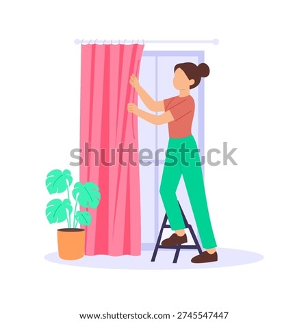 Curtain Adjustment, Arranging drapes for proper fit and look, Flat vector character illustration