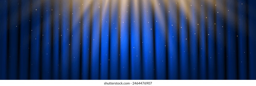 Curtain blue background with spotlights. Bright stage with flying particles. Ceremony template with closed curtain. Elegant scene with light beams. Vector illustration.