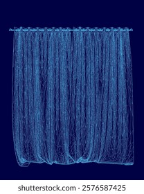 Curtain with a blue stripe is displayed. The curtain is made of blue fabric and he is a part of a larger blue design. The curtain is hanging on a wall