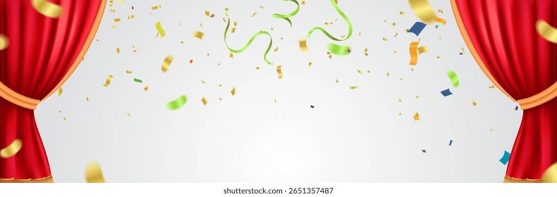Curtain Call of Celebration Vibrant Red Theater Curtains Opening, with Falling Gold and Green Confetti and Streamers Creating an Atmosphere of Performance Grand Unveiling Special Promotions 