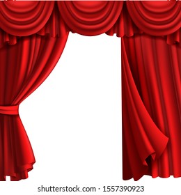 Curtain with drape stage. Theatre fabric red curtains with elegant decor drapes for entertainment vintage victorian styled 3d vector template