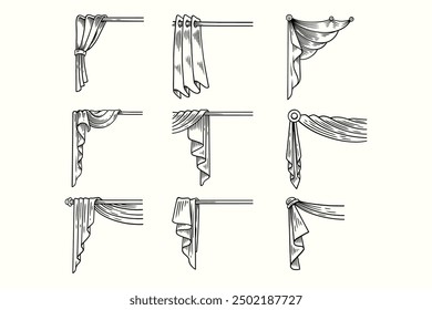 curtain with draperies, pelmet, pole illustration vector design set. corner of curtain and draperies hatching doodle. curtains hand draw engrave flat design style for corner decoration ornament frame