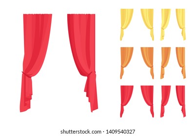 Curtain and drapery set. Blackout fabric panels for bedroom, living room, window drapes elegant home decor. Vector flat style cartoon illustration isolated on white background, different views, color