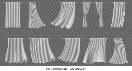 Curtain flowing in motion. Window covering, tulle or sheer voile. Interior design and decoration for home, blowing wind effect. Vector interior design and home decor visuals collection