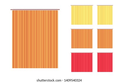 Curtain and frame drapery set. Wide blackout cloth, room darkening textile, indoor or outdoor fabric. Vector flat style cartoon illustration isolated on white background, different views and color