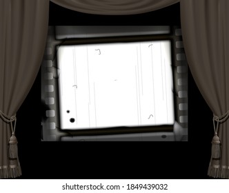 Curtain frame in a retro cinema hall and white screen with a vintage spoiled film strip on black. Vector illustration
