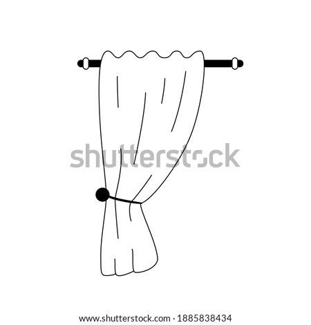 Curtain icon. Outline vector icon of a curtain hanging on the cornice. Black and white linear illustration of a fabric curtain on the cornice tied with a rope