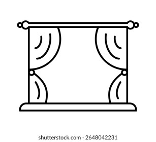 Ícone de linha de cortina. Vestuário de teatro. Sombrear na janela aberta. Tecido de decoração de casa. Persianas na varanda. Design de interiores da casa. Cortinas plissadas penduradas em uma haste de cortina. Ilustração vetorial.