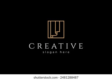 Curtain logo in box frame with gold luxury minimalist line art vector design style