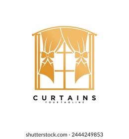 Curtain logo design vector with golden colour line art window style and business  inspiration