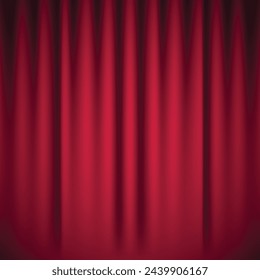 Curtain on stage. Crimson background with spotlight in theater or cinema. Closed velvet curtain for circus, theater, stage, club. Backdrop with projector light for a ceremony on Broadway. Vector