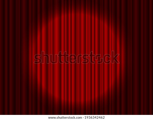 Curtain on stage. Red background with spotlight in\
theater or cinema. Red closed velvet curtain for circus, theatre,\
scene and club. Background wirh light of projector for ceremony on\
broadway. Vector