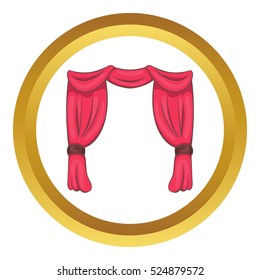 Curtain on stage vector icon in golden circle, cartoon style isolated on white background