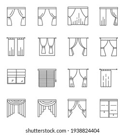 Curtain outline icon set, Interior material on white background.