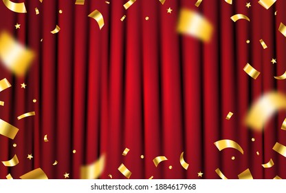 Cortina roja con confeti de oro. Plantilla de concierto o ceremonia. Premio o concepto ganador con brillo dorado. Fondo de escenario brillante con foco. Ilustración vectorial.