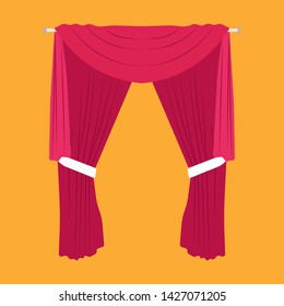 Curtain red stage vector flat icon art. Backdrop velvet classic open textile fabric frame. Interior drapery tassel room hall