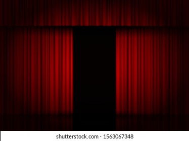 Curtain red vector isolated. Open drapery. Theater scene, opera, concert or cinema. 3d object. Curtain stage. Vector background.