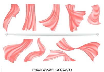 Curtain rod and window textile decoration. Red flying silk transparent fabric, realistic isolated interior design vector elements