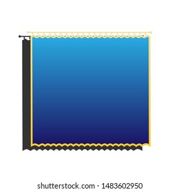 Curtain sign. Blue icon with gold contour with dark gray shadow at white background. Illustration.