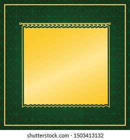 Curtain sign. Golden icon with gold contour at dark green gridded white background. Illustration.